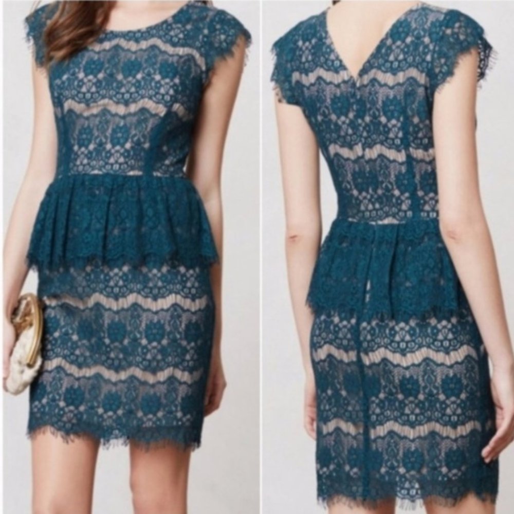 ANTHROPOLOGIE | Maeve Elsa Peplum Dress Green Lace EUC sz M